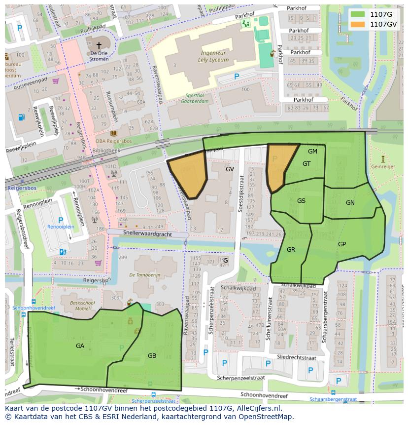 Afbeelding van het postcodegebied 1107 GV op de kaart.