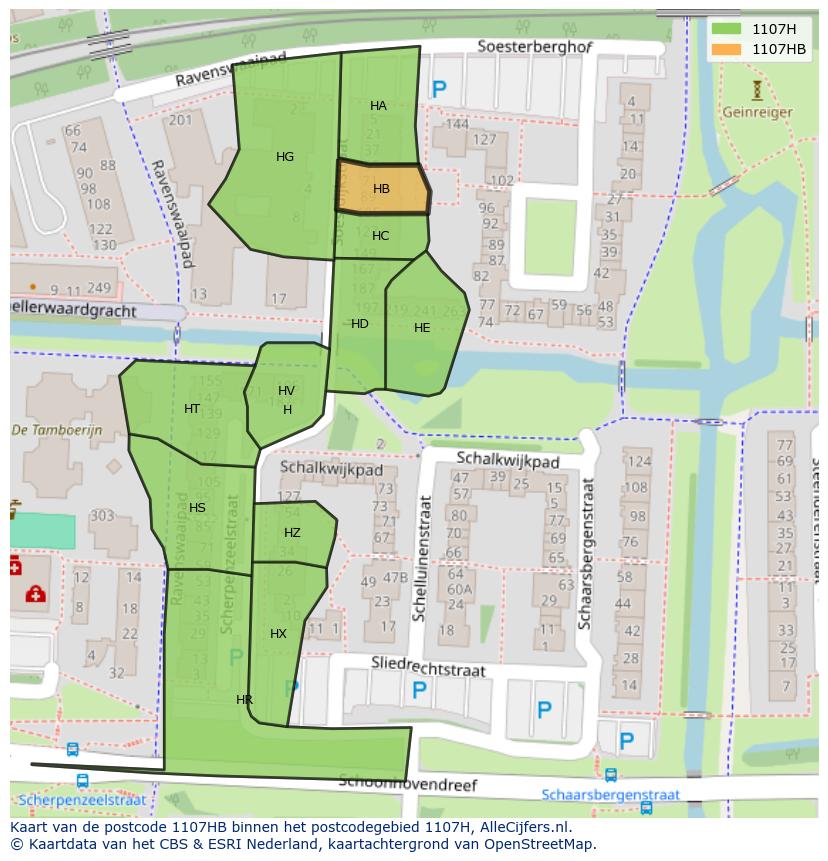 Afbeelding van het postcodegebied 1107 HB op de kaart.