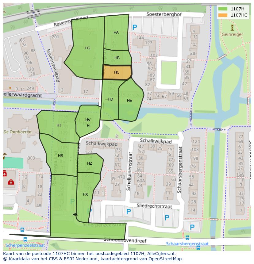 Afbeelding van het postcodegebied 1107 HC op de kaart.