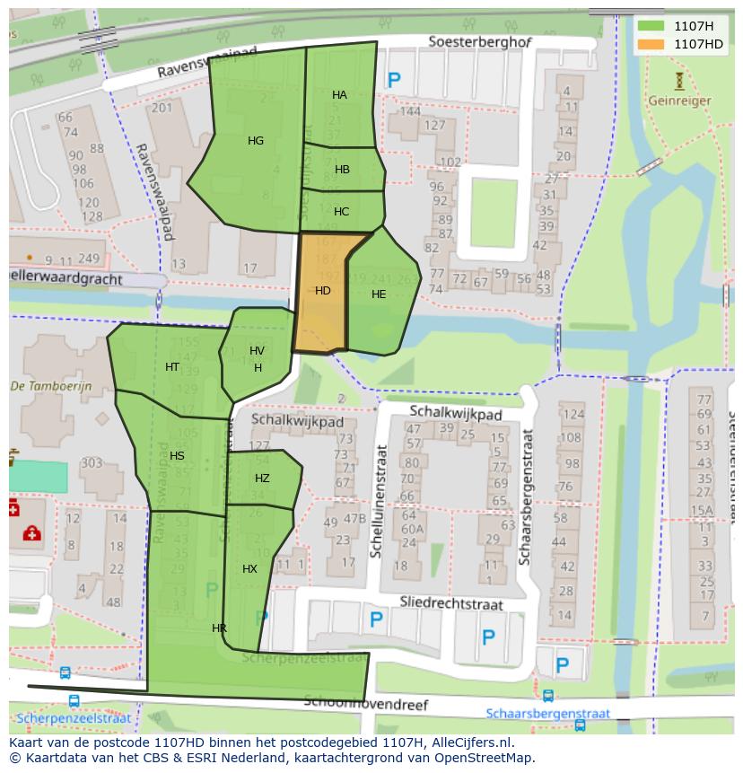Afbeelding van het postcodegebied 1107 HD op de kaart.