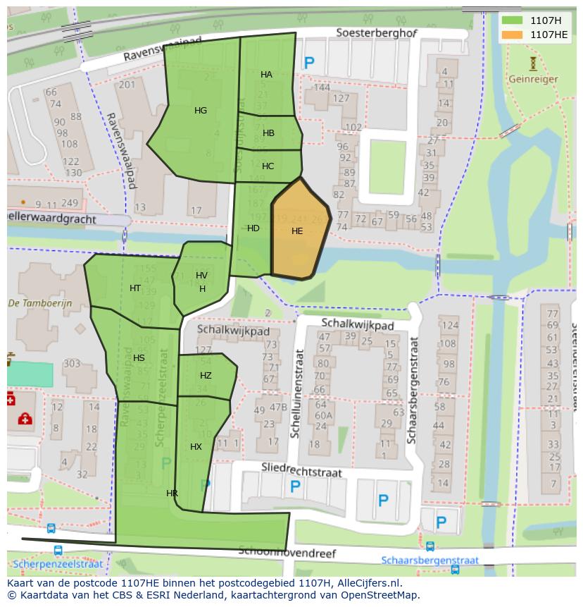 Afbeelding van het postcodegebied 1107 HE op de kaart.