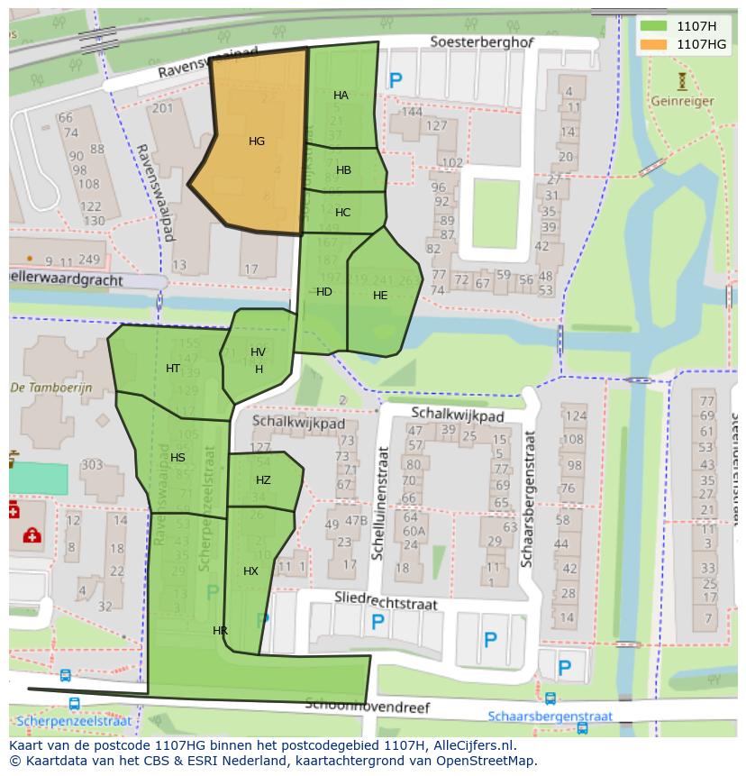 Afbeelding van het postcodegebied 1107 HG op de kaart.
