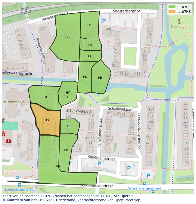 Afbeelding van het postcodegebied 1107 HS op de kaart.