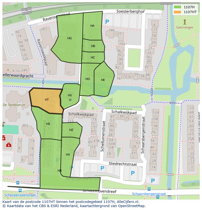 Afbeelding van het postcodegebied 1107 HT op de kaart.