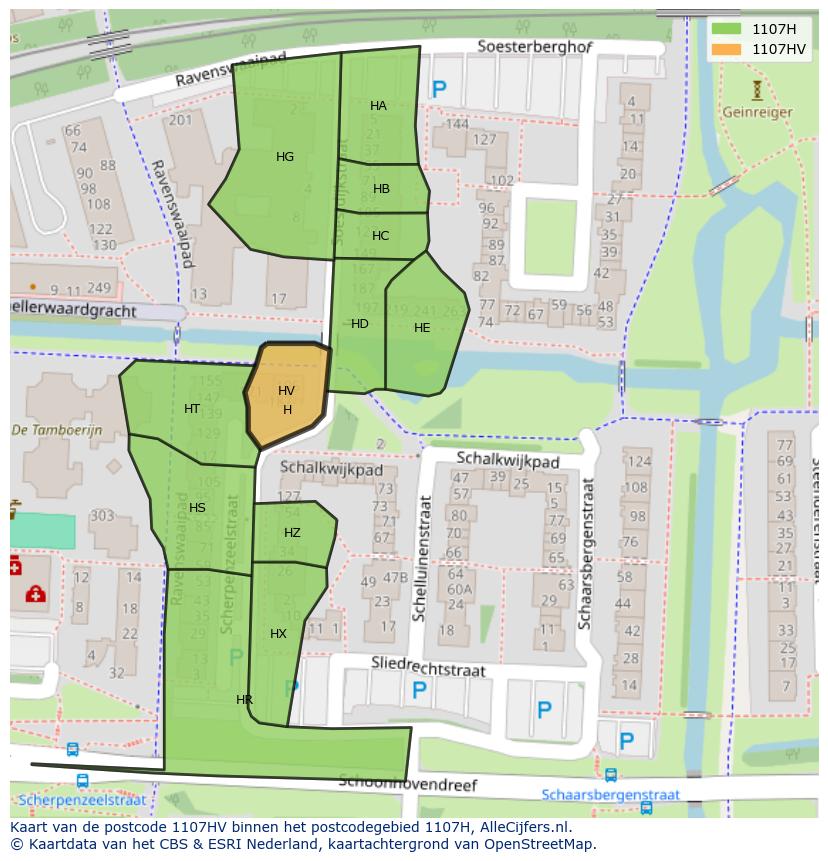 Afbeelding van het postcodegebied 1107 HV op de kaart.