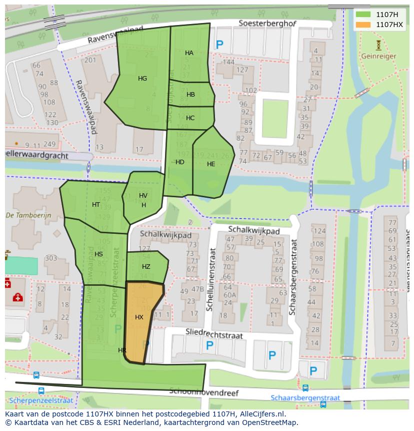 Afbeelding van het postcodegebied 1107 HX op de kaart.