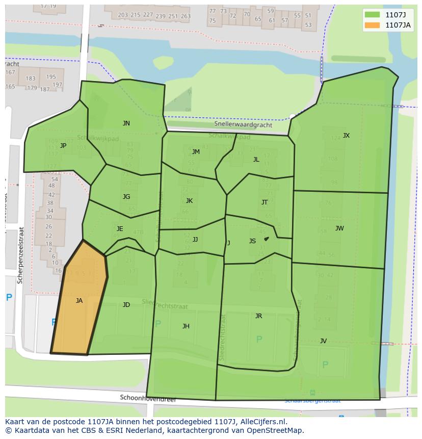 Afbeelding van het postcodegebied 1107 JA op de kaart.