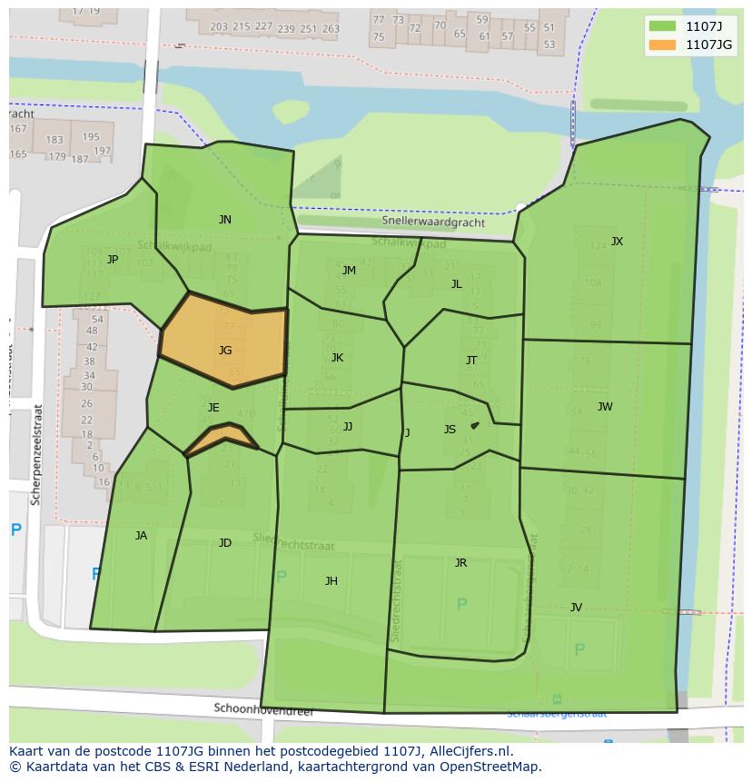 Afbeelding van het postcodegebied 1107 JG op de kaart.