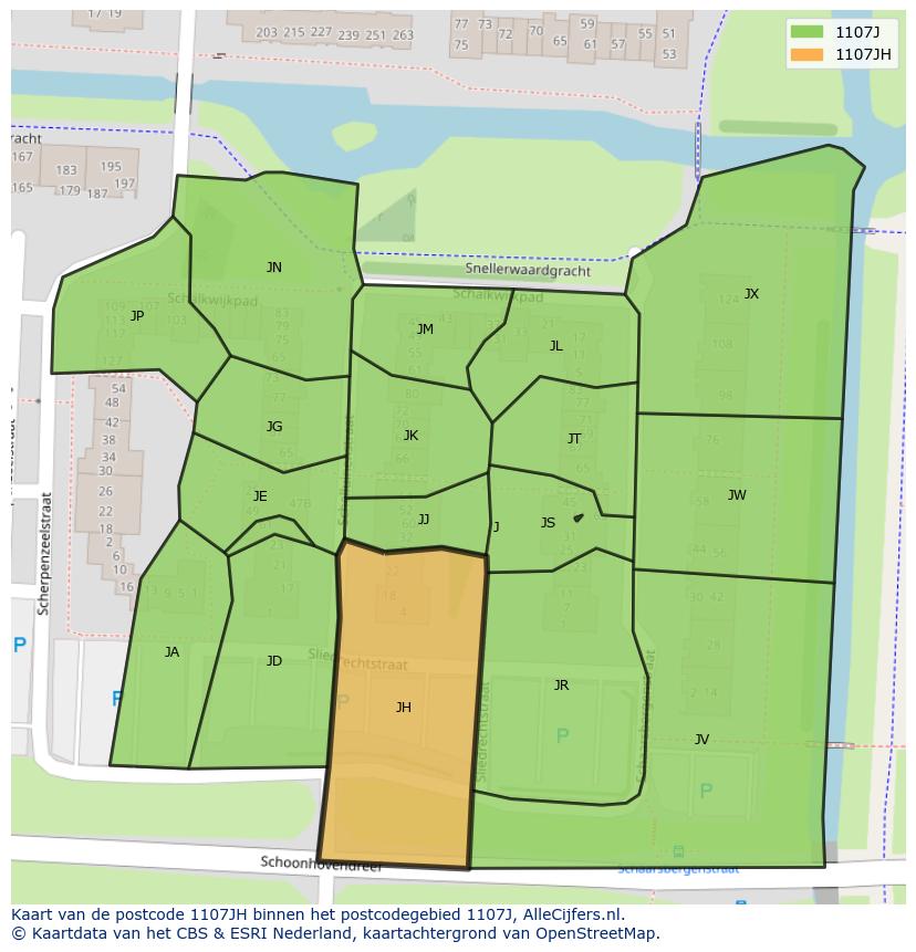 Afbeelding van het postcodegebied 1107 JH op de kaart.
