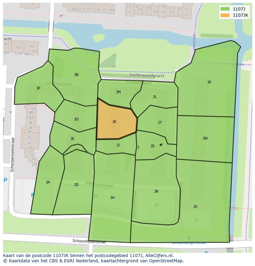 Afbeelding van het postcodegebied 1107 JK op de kaart.