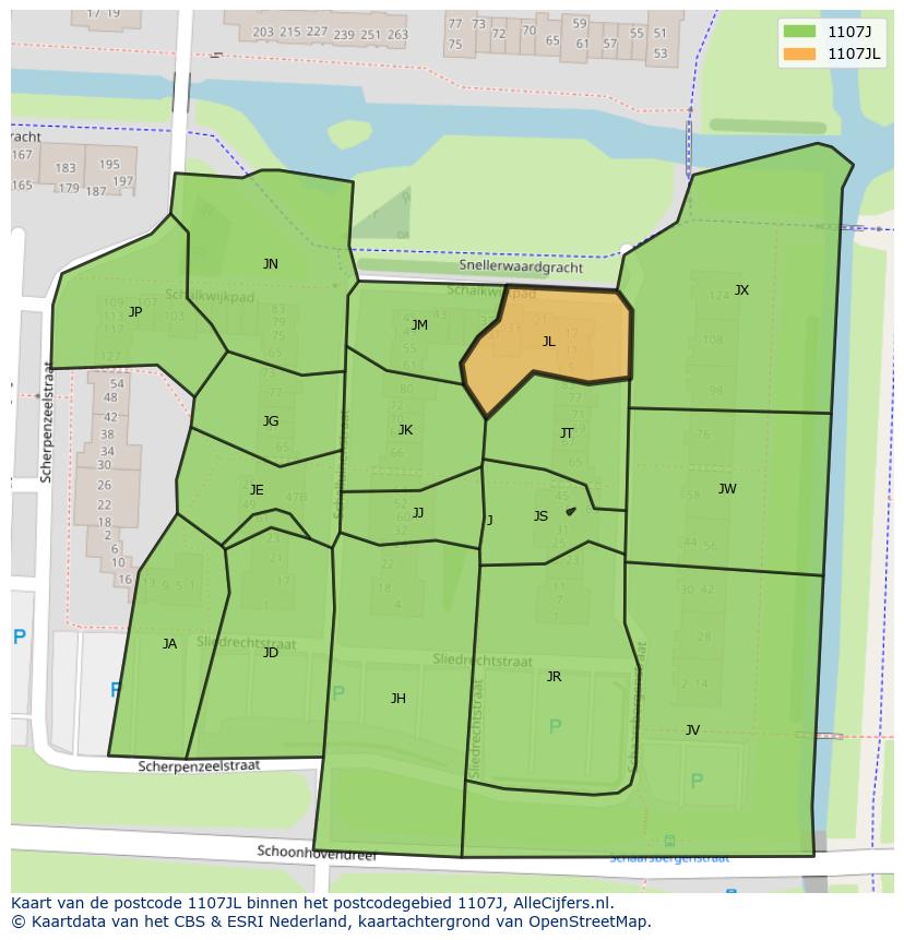 Afbeelding van het postcodegebied 1107 JL op de kaart.