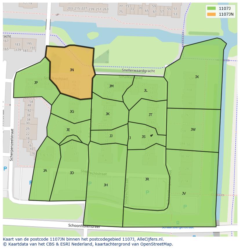 Afbeelding van het postcodegebied 1107 JN op de kaart.
