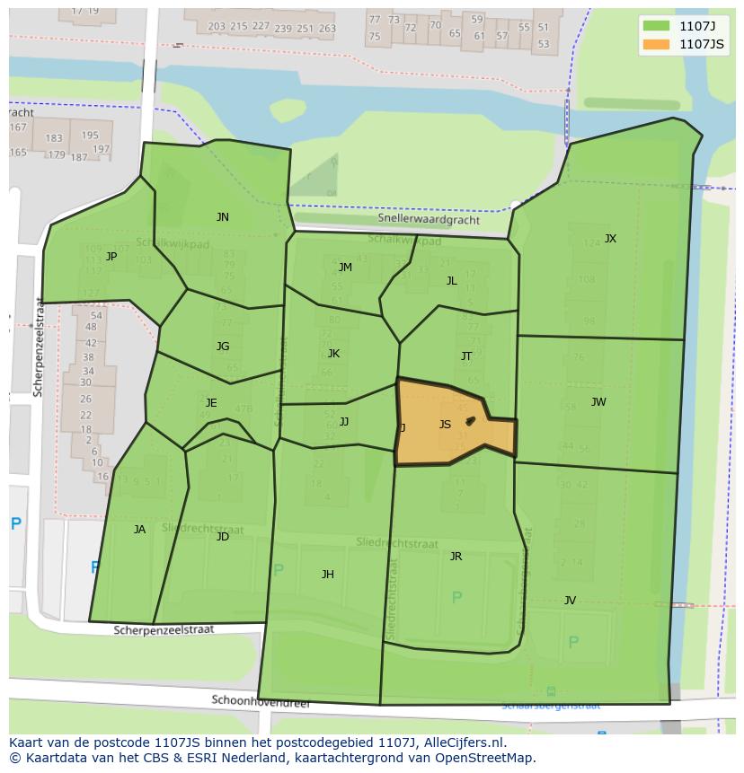 Afbeelding van het postcodegebied 1107 JS op de kaart.