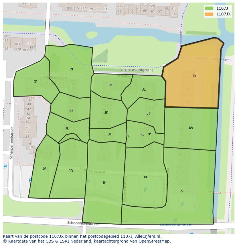 Afbeelding van het postcodegebied 1107 JX op de kaart.