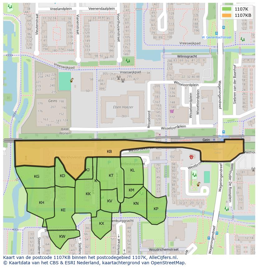 Afbeelding van het postcodegebied 1107 KB op de kaart.