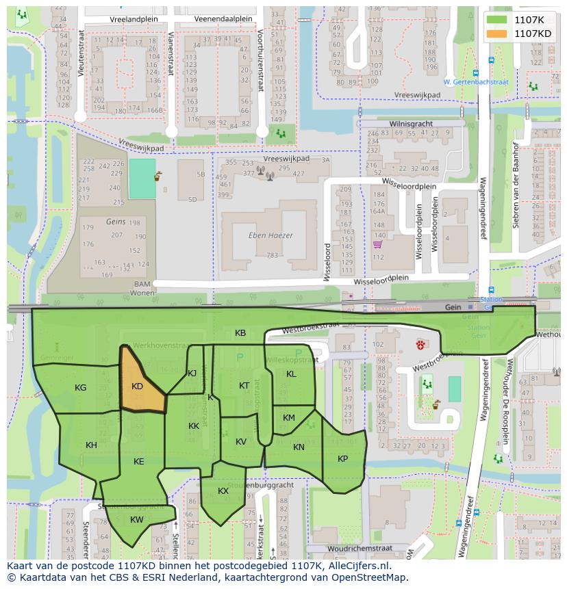 Afbeelding van het postcodegebied 1107 KD op de kaart.