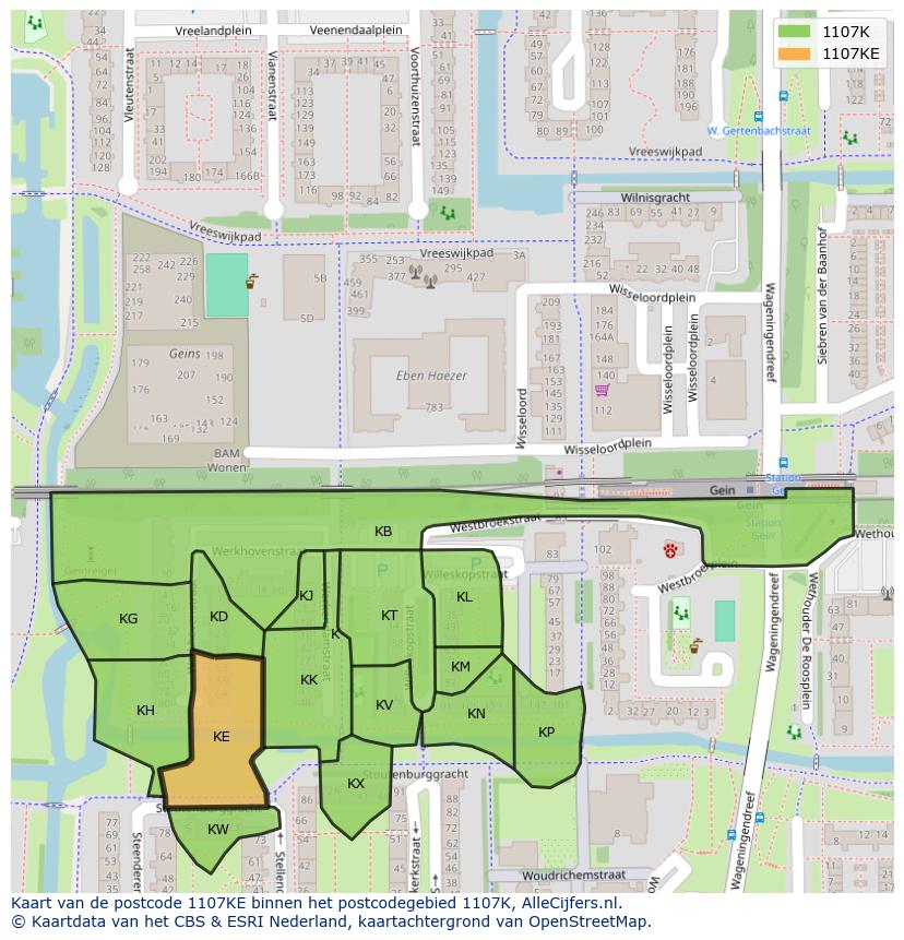 Afbeelding van het postcodegebied 1107 KE op de kaart.