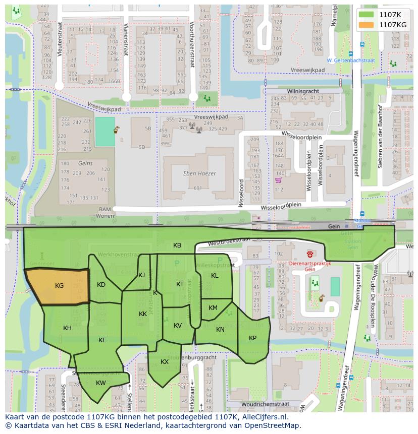 Afbeelding van het postcodegebied 1107 KG op de kaart.