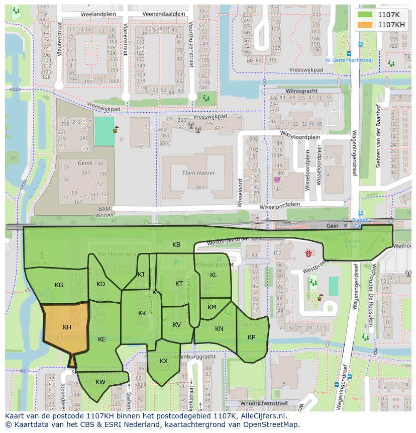 Afbeelding van het postcodegebied 1107 KH op de kaart.