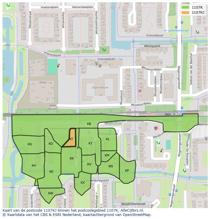 Afbeelding van het postcodegebied 1107 KJ op de kaart.