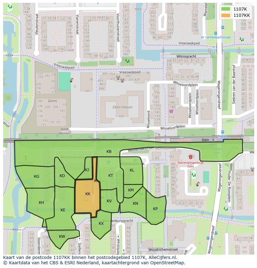 Afbeelding van het postcodegebied 1107 KK op de kaart.