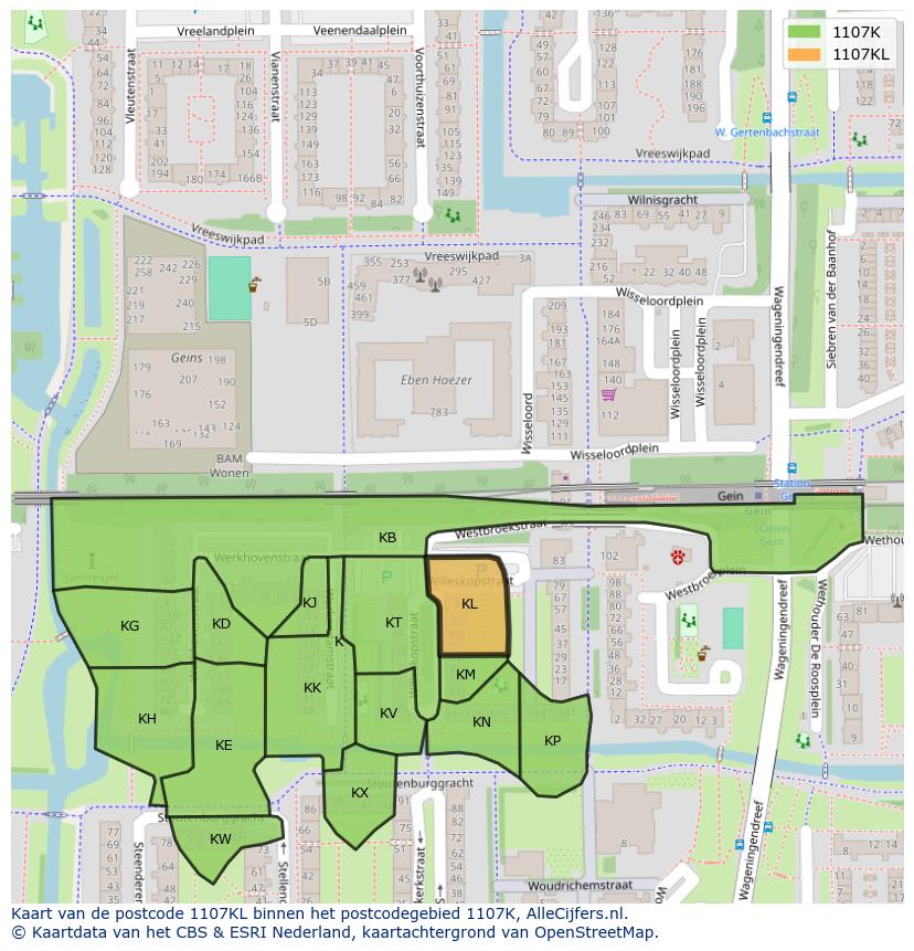 Afbeelding van het postcodegebied 1107 KL op de kaart.