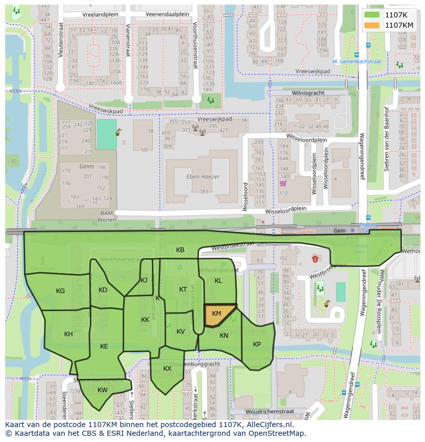 Afbeelding van het postcodegebied 1107 KM op de kaart.