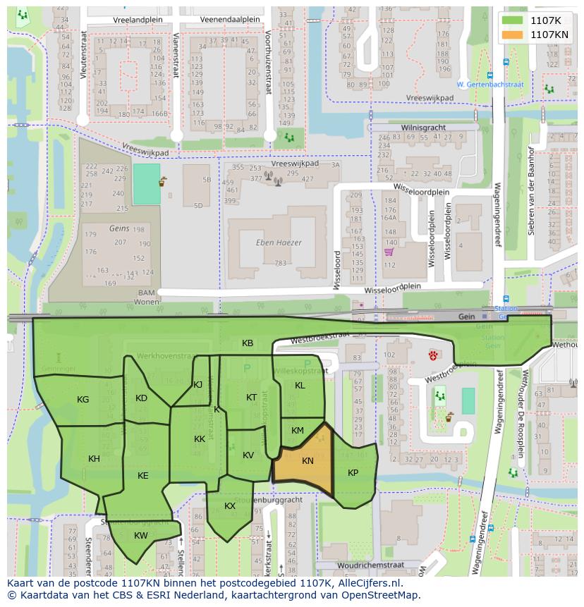 Afbeelding van het postcodegebied 1107 KN op de kaart.