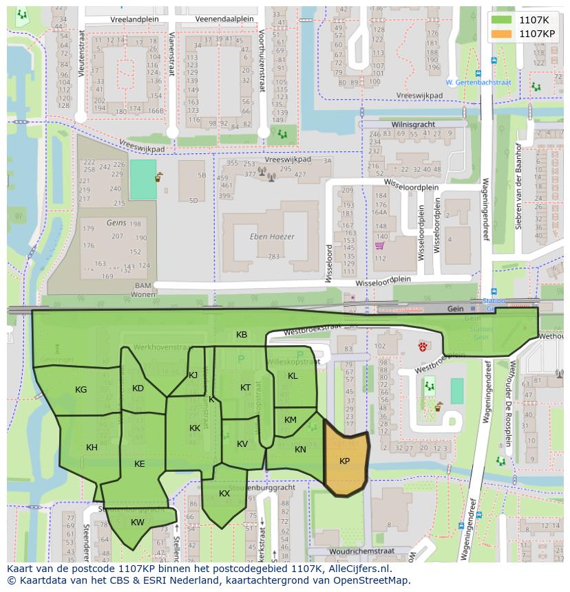 Afbeelding van het postcodegebied 1107 KP op de kaart.