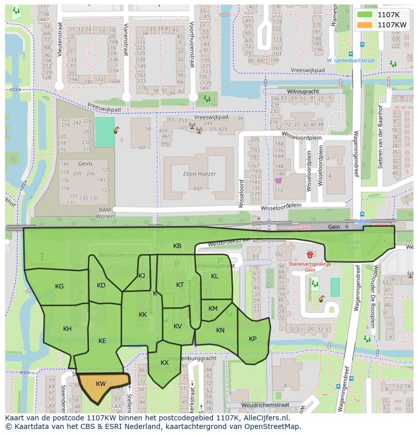 Afbeelding van het postcodegebied 1107 KW op de kaart.