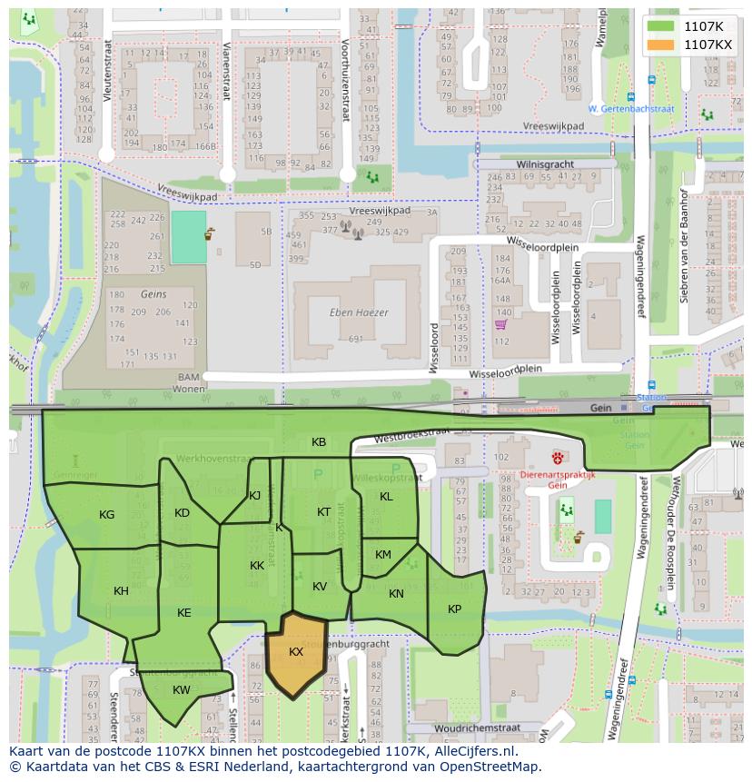 Afbeelding van het postcodegebied 1107 KX op de kaart.