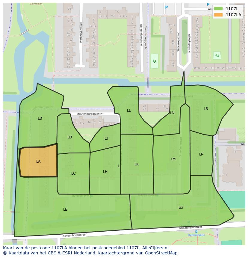 Afbeelding van het postcodegebied 1107 LA op de kaart.