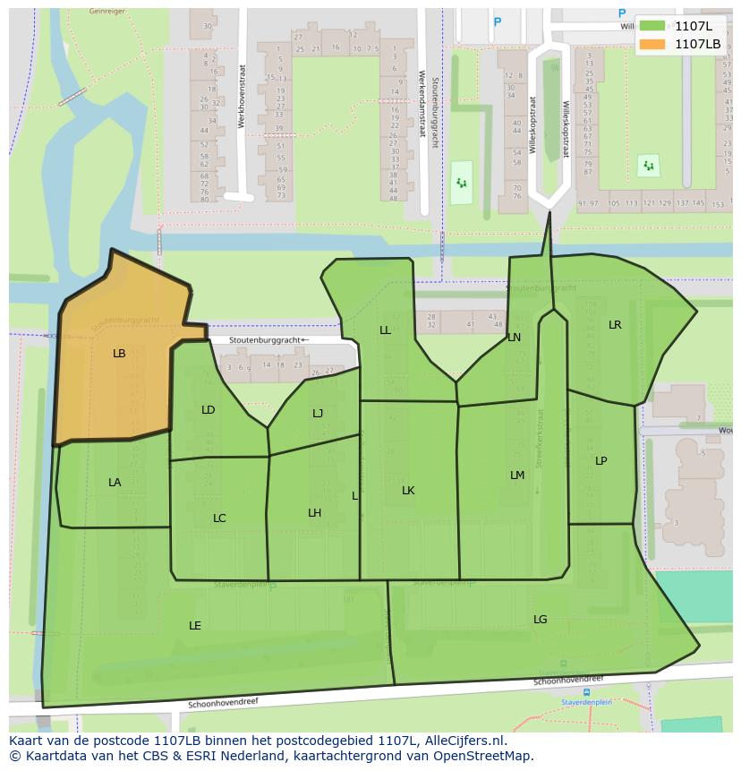 Afbeelding van het postcodegebied 1107 LB op de kaart.