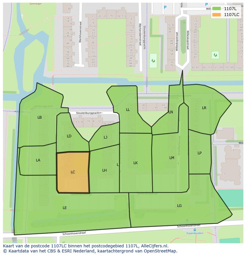 Afbeelding van het postcodegebied 1107 LC op de kaart.