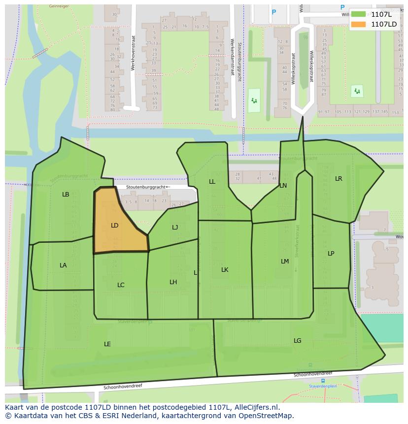 Afbeelding van het postcodegebied 1107 LD op de kaart.