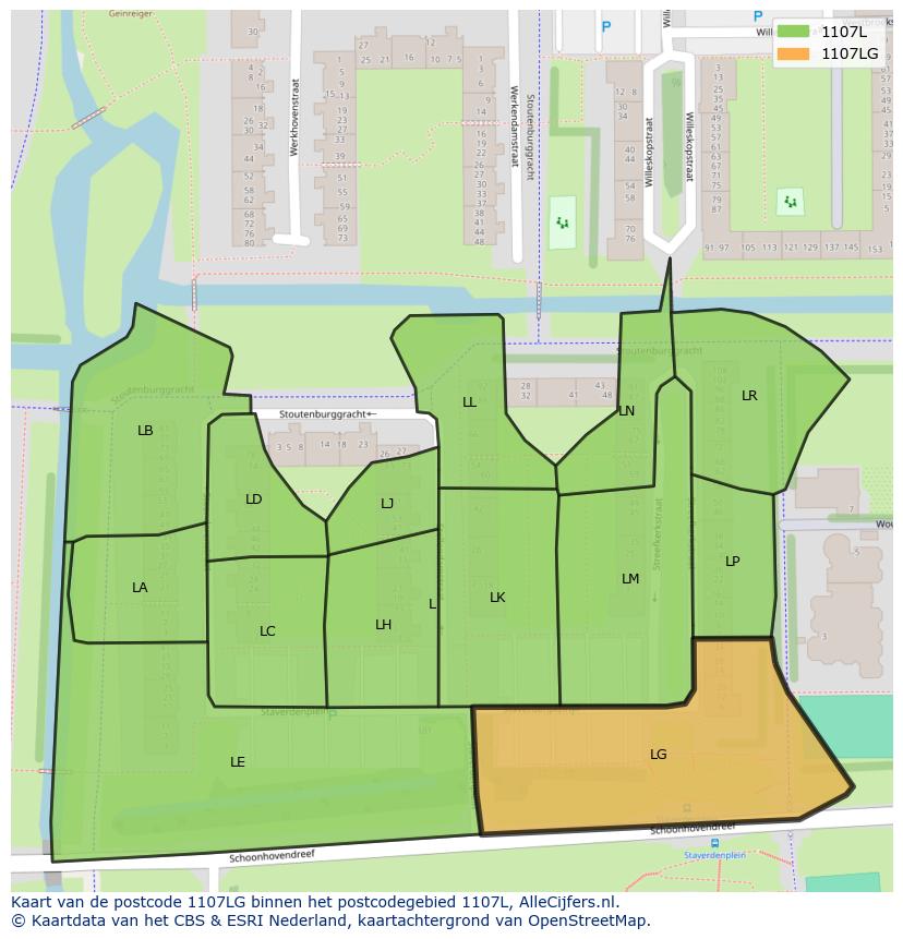 Afbeelding van het postcodegebied 1107 LG op de kaart.