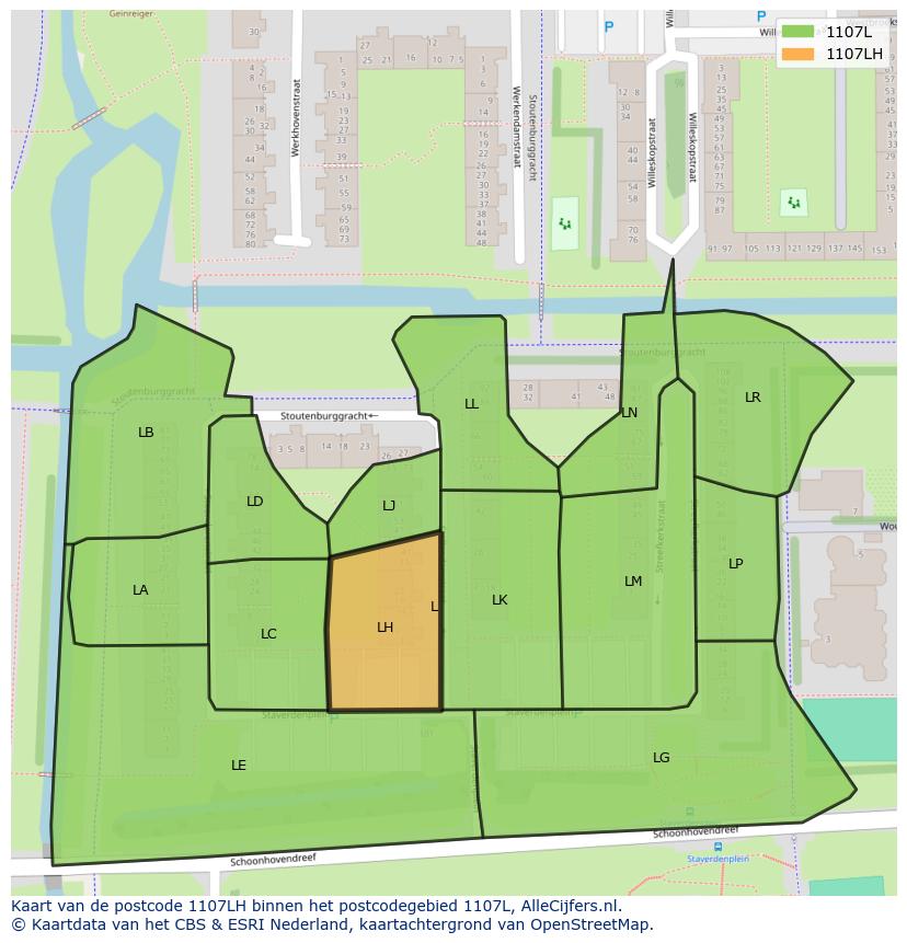 Afbeelding van het postcodegebied 1107 LH op de kaart.