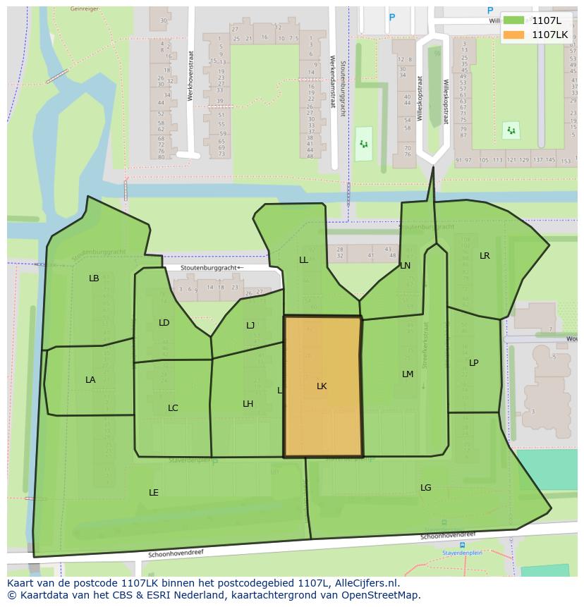 Afbeelding van het postcodegebied 1107 LK op de kaart.
