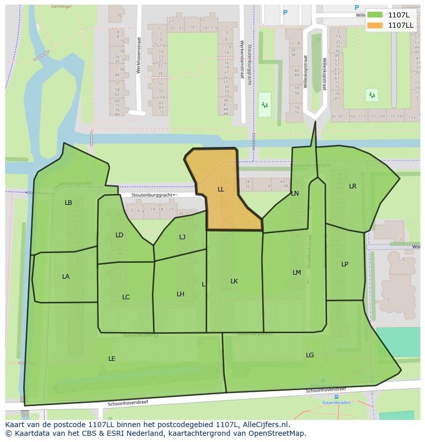 Afbeelding van het postcodegebied 1107 LL op de kaart.