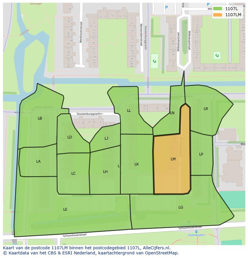 Afbeelding van het postcodegebied 1107 LM op de kaart.