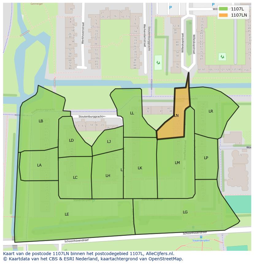 Afbeelding van het postcodegebied 1107 LN op de kaart.