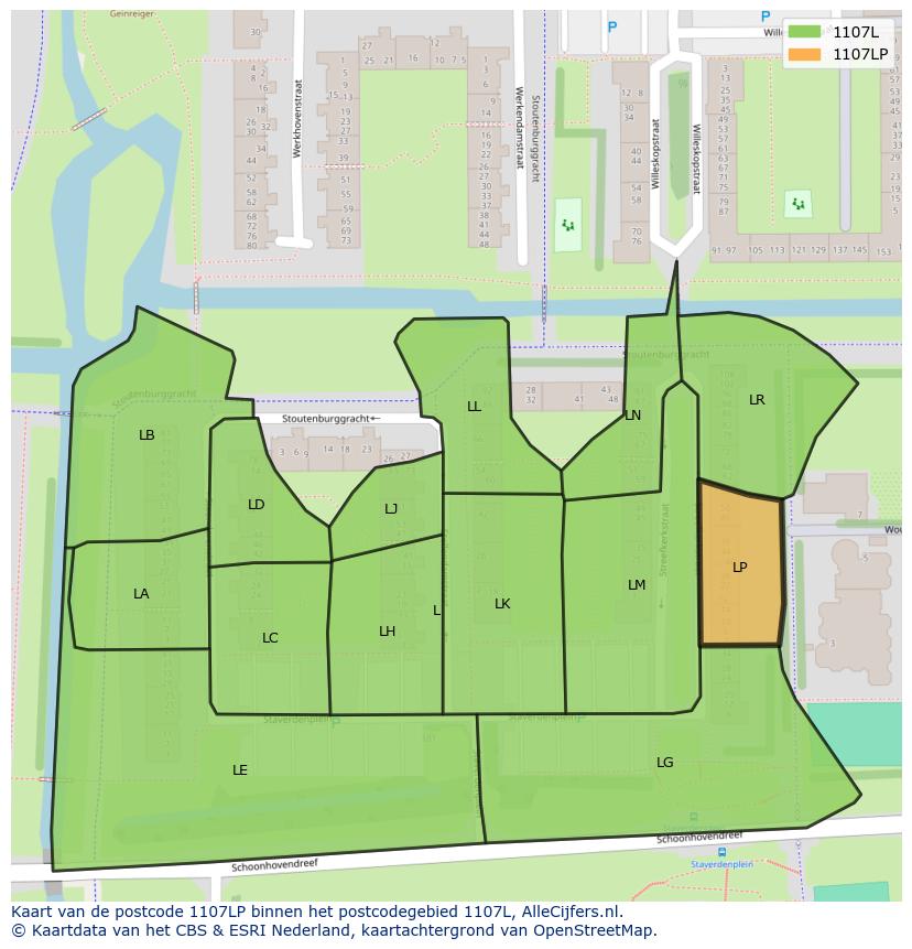 Afbeelding van het postcodegebied 1107 LP op de kaart.