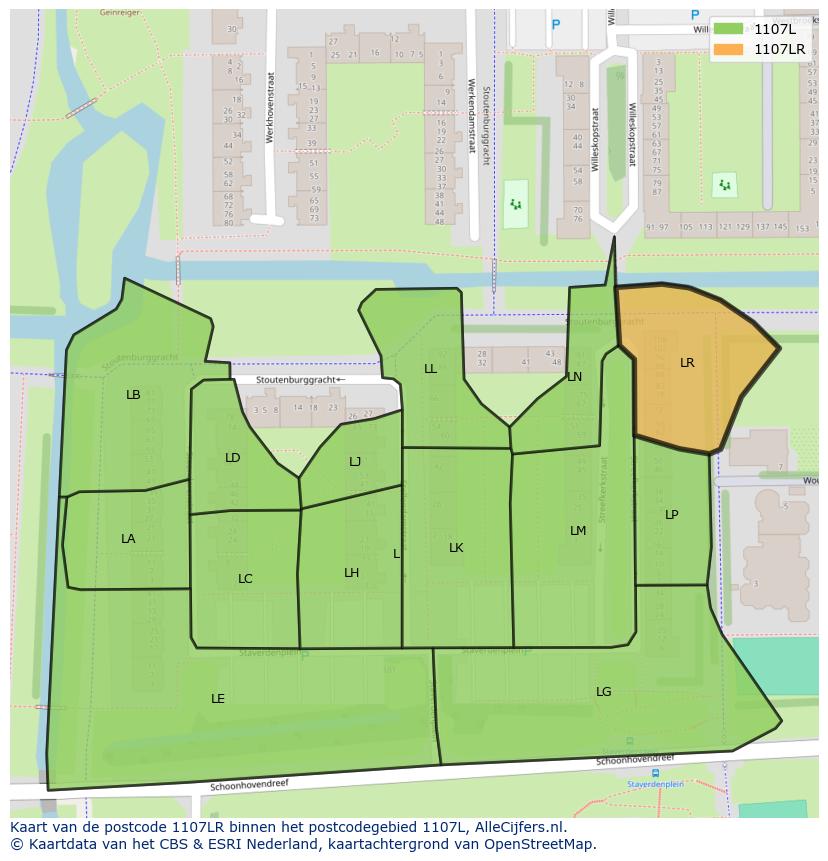 Afbeelding van het postcodegebied 1107 LR op de kaart.