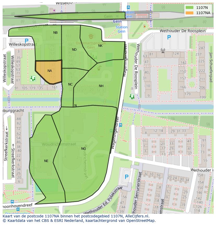 Afbeelding van het postcodegebied 1107 NA op de kaart.