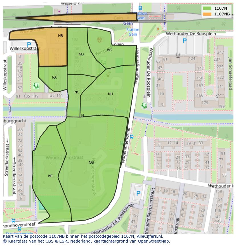 Afbeelding van het postcodegebied 1107 NB op de kaart.