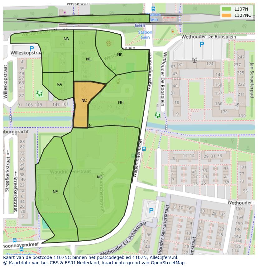Afbeelding van het postcodegebied 1107 NC op de kaart.