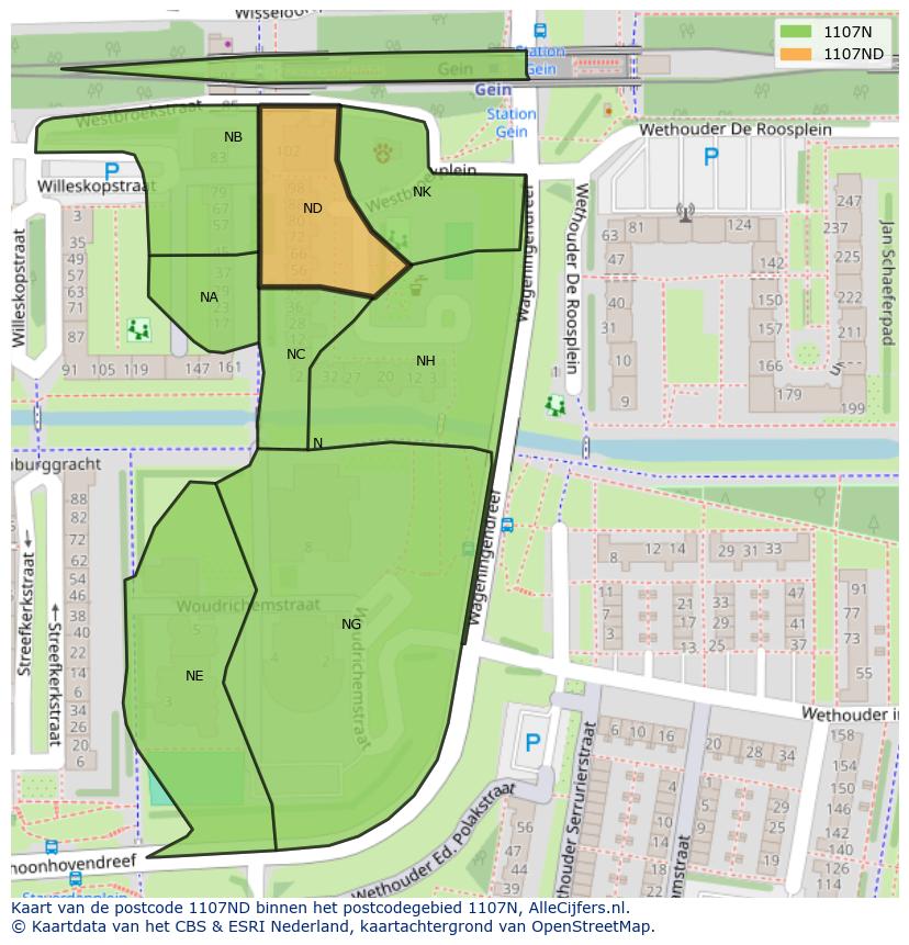 Afbeelding van het postcodegebied 1107 ND op de kaart.