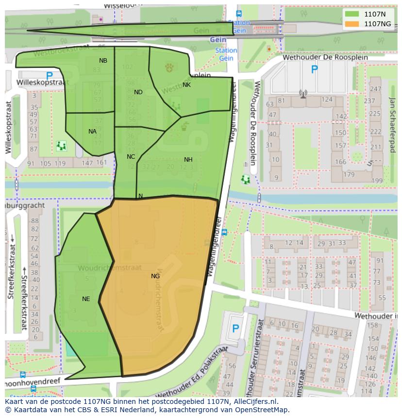 Afbeelding van het postcodegebied 1107 NG op de kaart.
