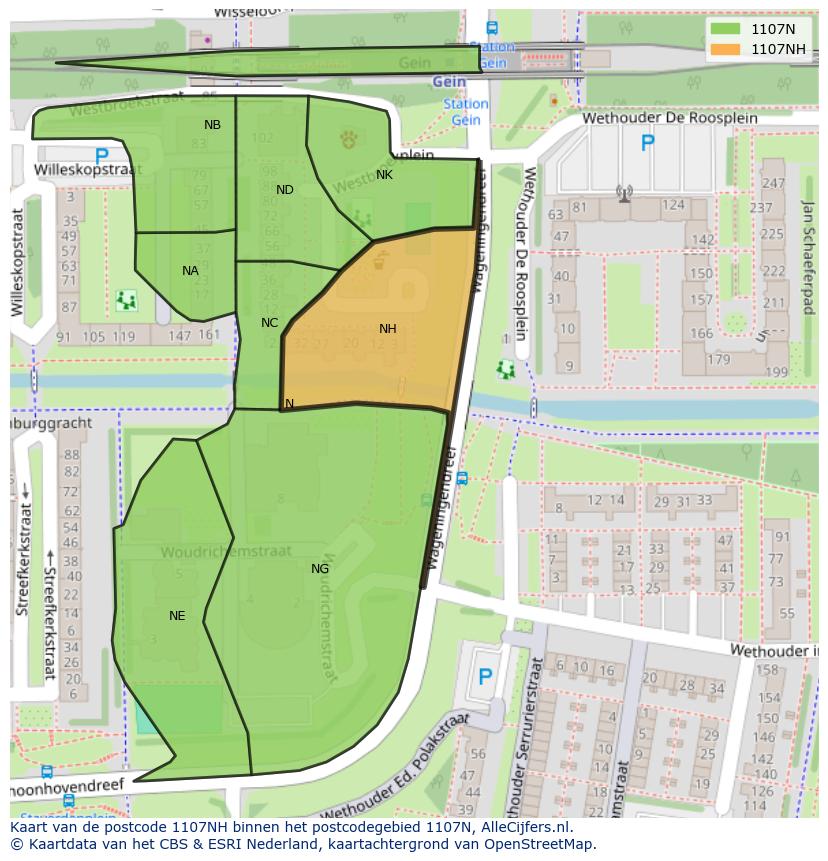 Afbeelding van het postcodegebied 1107 NH op de kaart.