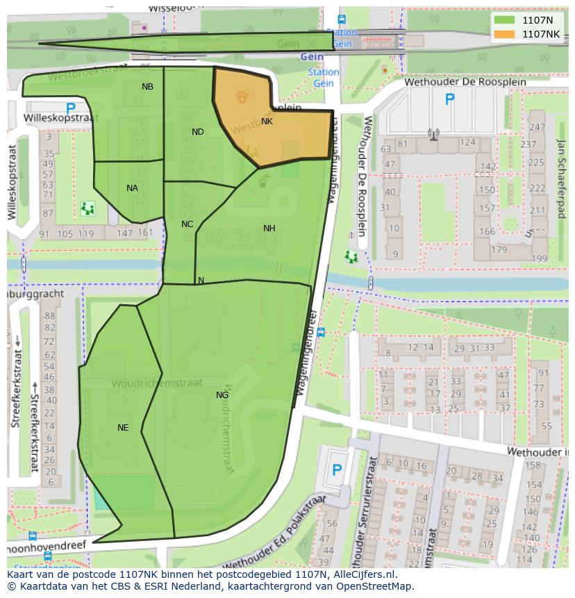 Afbeelding van het postcodegebied 1107 NK op de kaart.